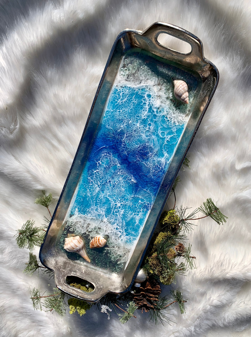 Cast metal tray with ocean resin painting with real shells